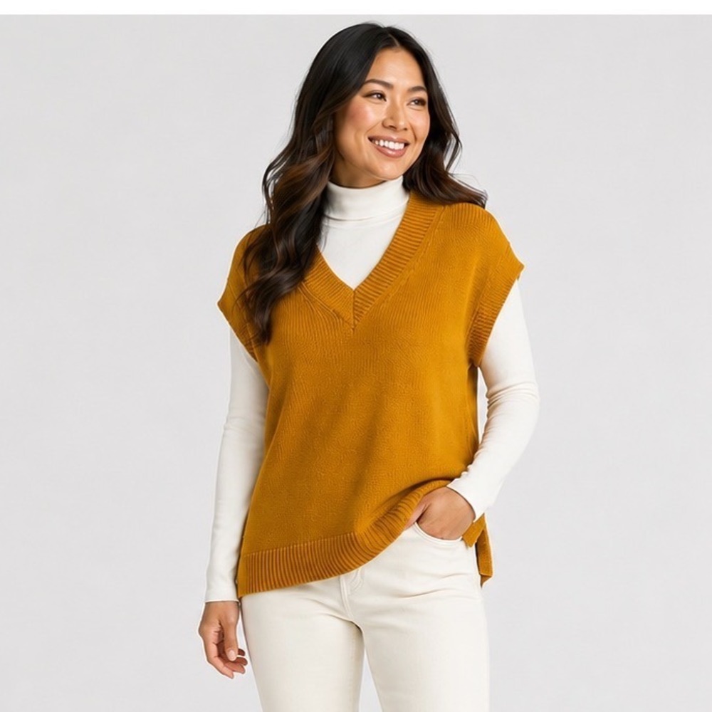 Loft Mustard Yellow V-Neck Shaker Knit Sweater Vest Sleeveless Fall Chic 112-39